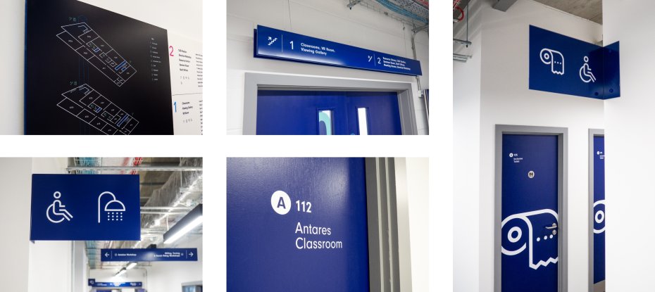 College wayfinding hanging directional signage design