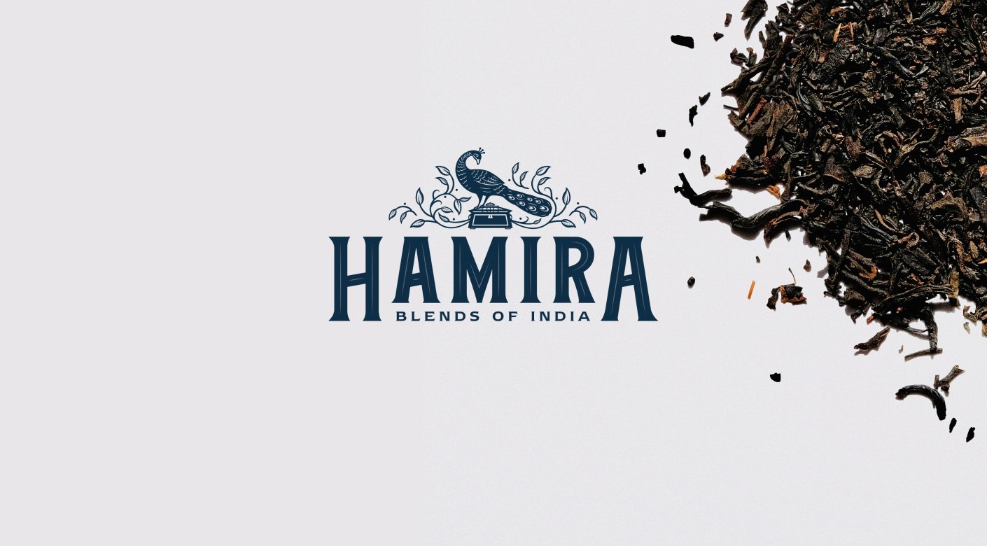 Hamira indian tearoom logo design with peacock by Root Studio