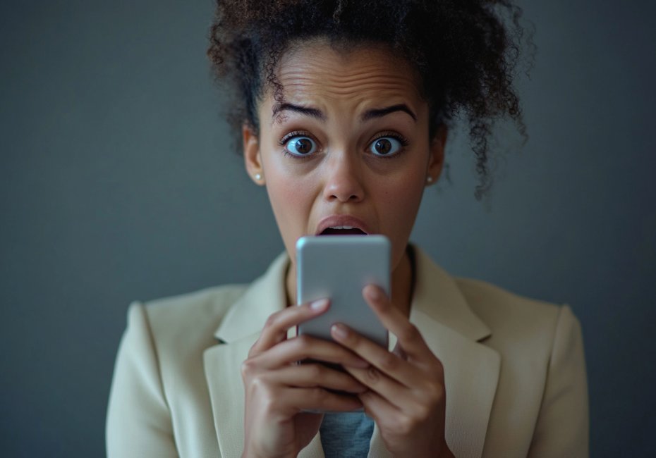Woman shocked whilst looking at her phone