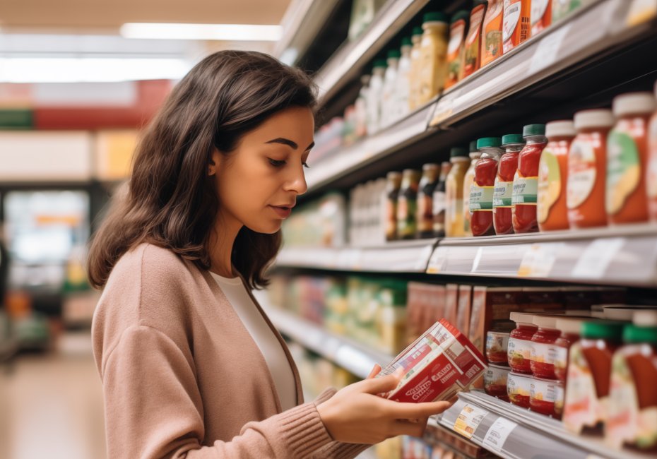 Woman checking ingredients on food packaging