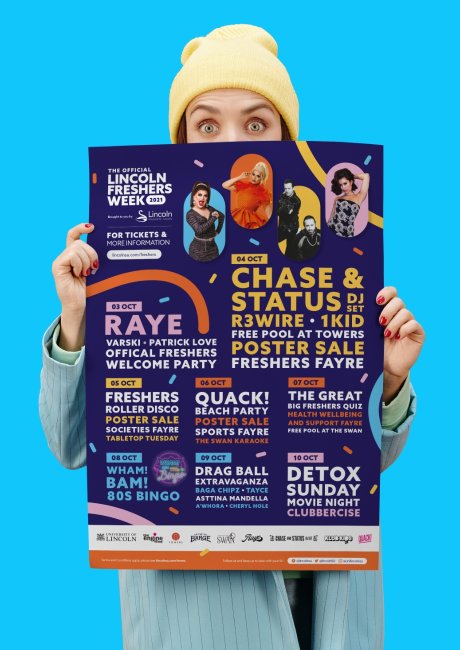 Lincoln Student Union freshers week poster design by Root Studio