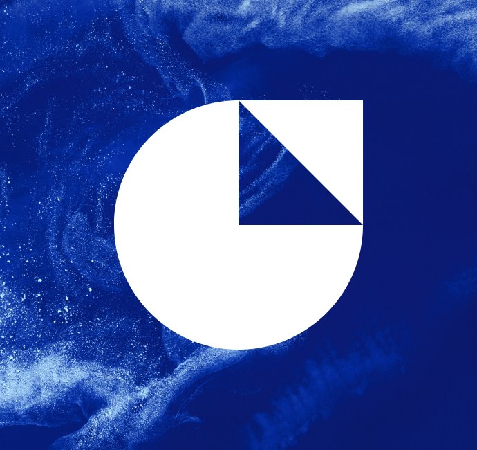 Minimalist company logo design featuring white geometric label icon on a dramatic sea blue background