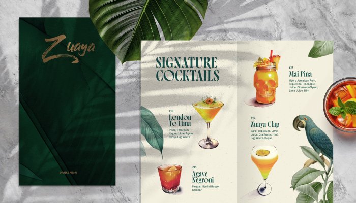 Zuaya London cocktail menu design
