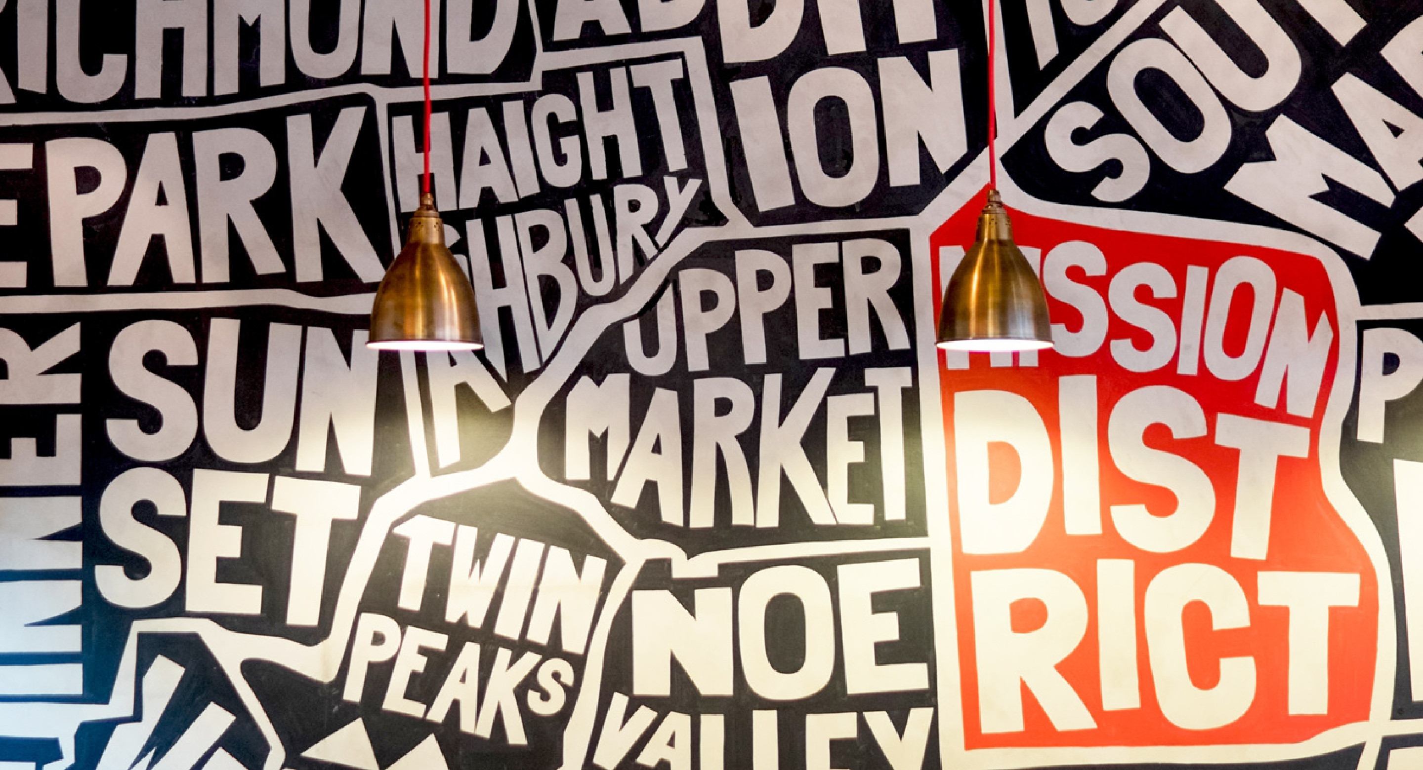Restaurant typographic map wall mural design by Root Studio