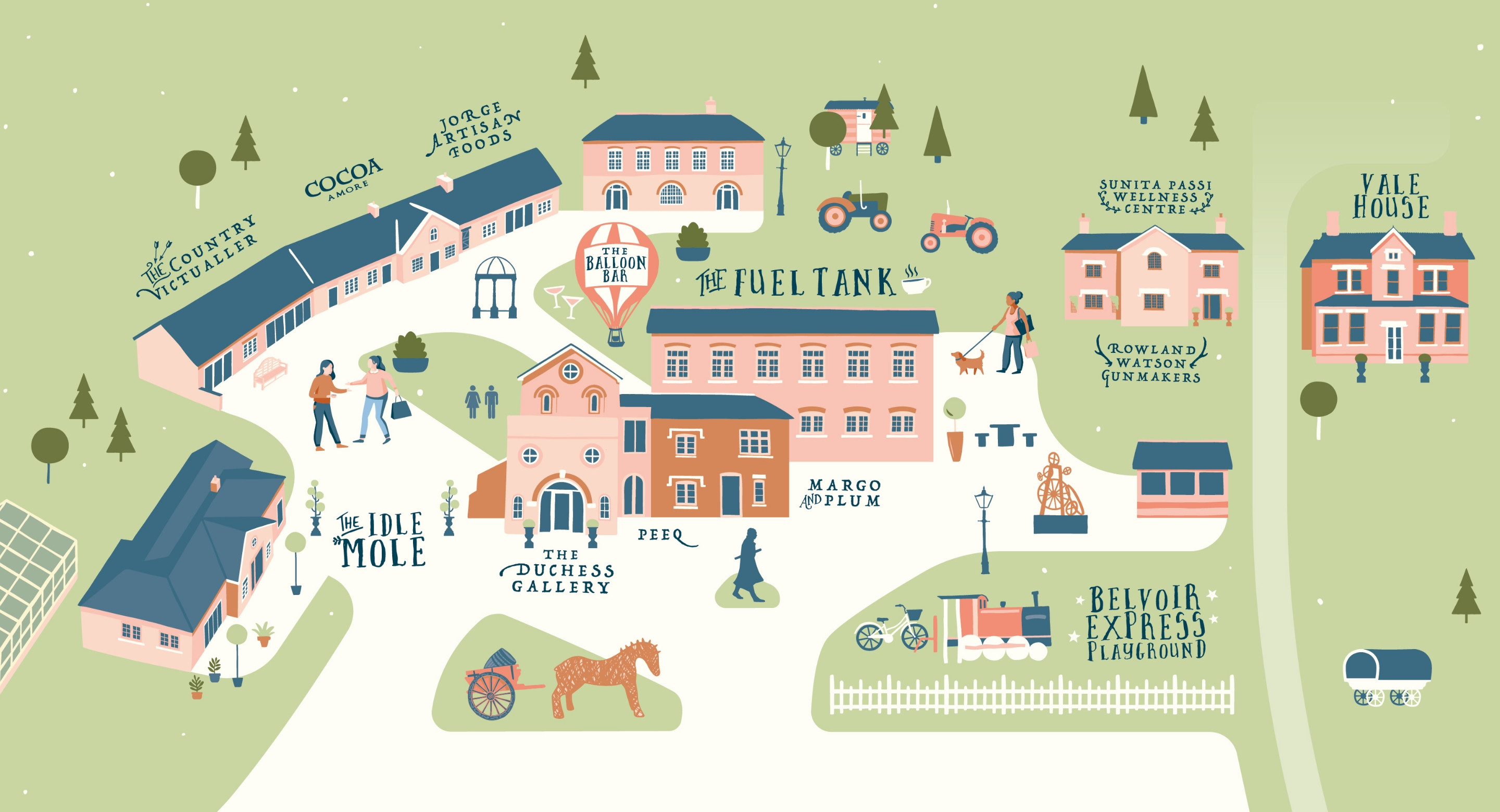 Belvoir Engine Yard shopping village illustrated map by Root Studio