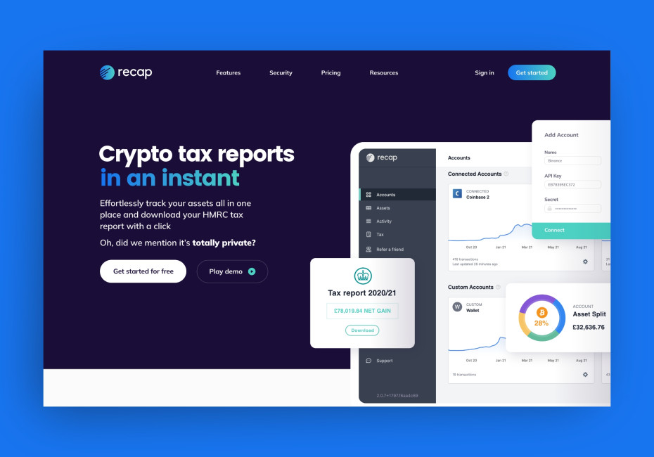 Recap crypto tax accounting software website design by Root Studio