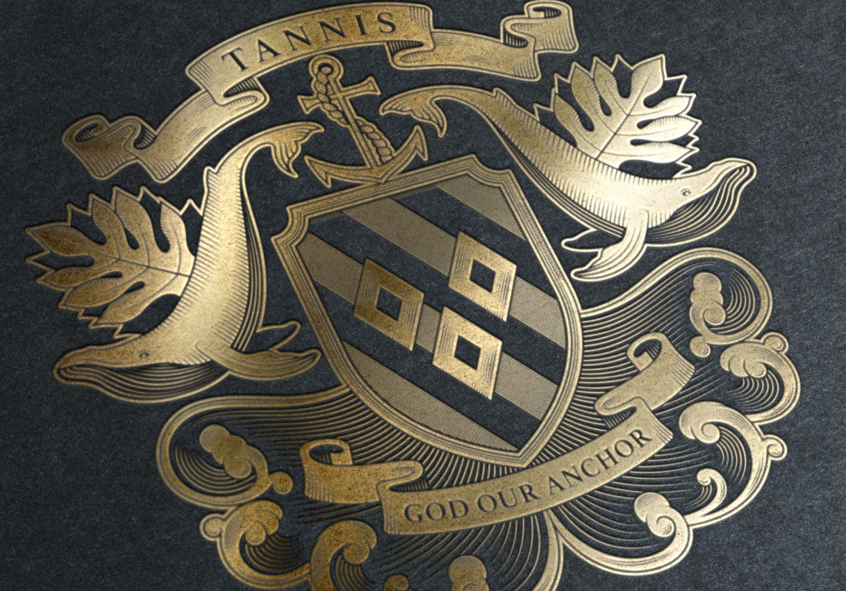Tannis family crest shield whale design by Root Studio
