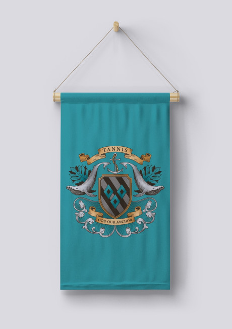 Tannis family crest shield whale design by Root Studio
