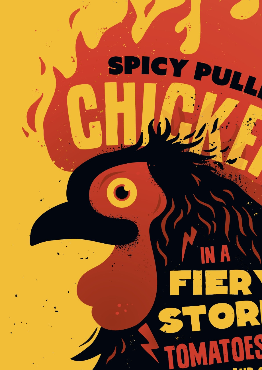 Illustrated flaming head chicken design by Root Studio