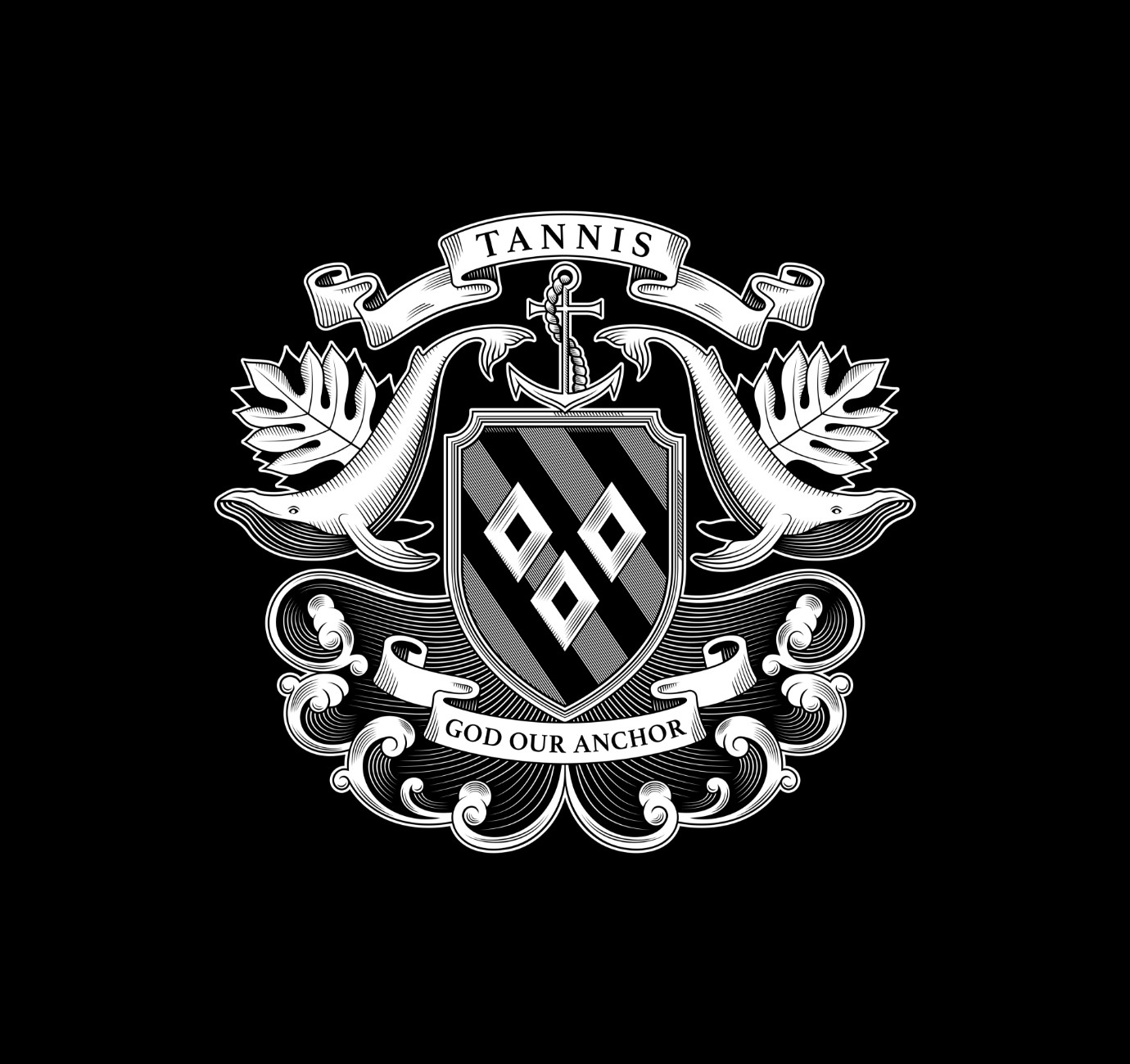 Tannis family crest shield whale design by Root Studio