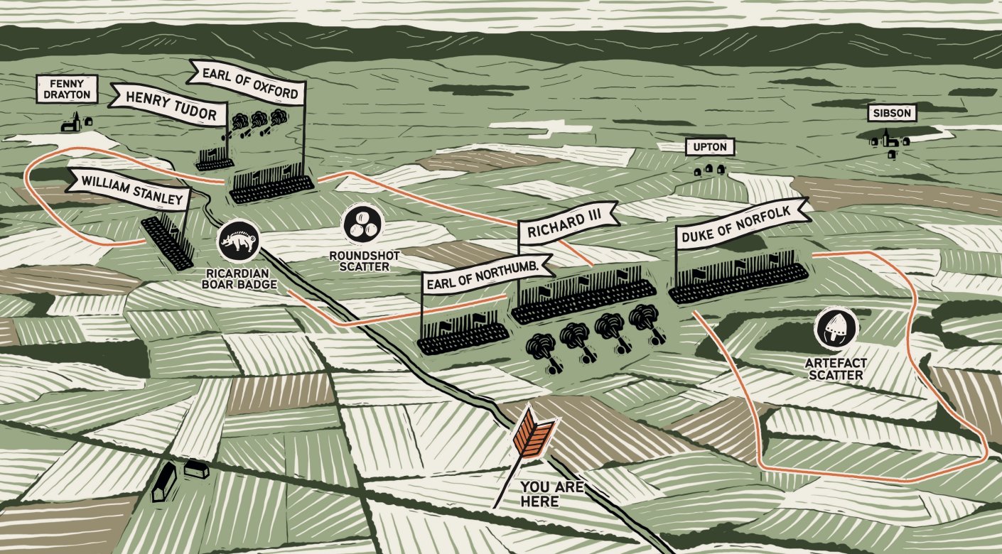 Linocut illustration of Bosworth battlefield