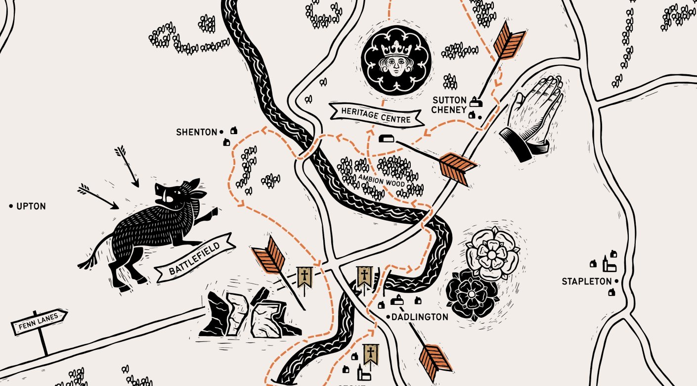 Illustrated trail map in a linocut style