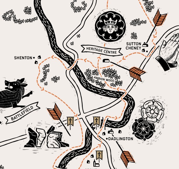 Illustrated trail map in a linocut style