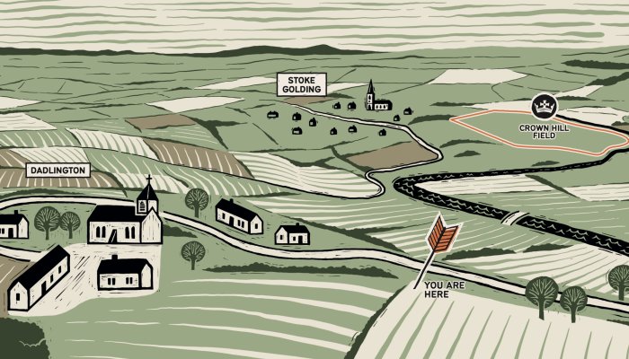 Linocut illustration of village landscape