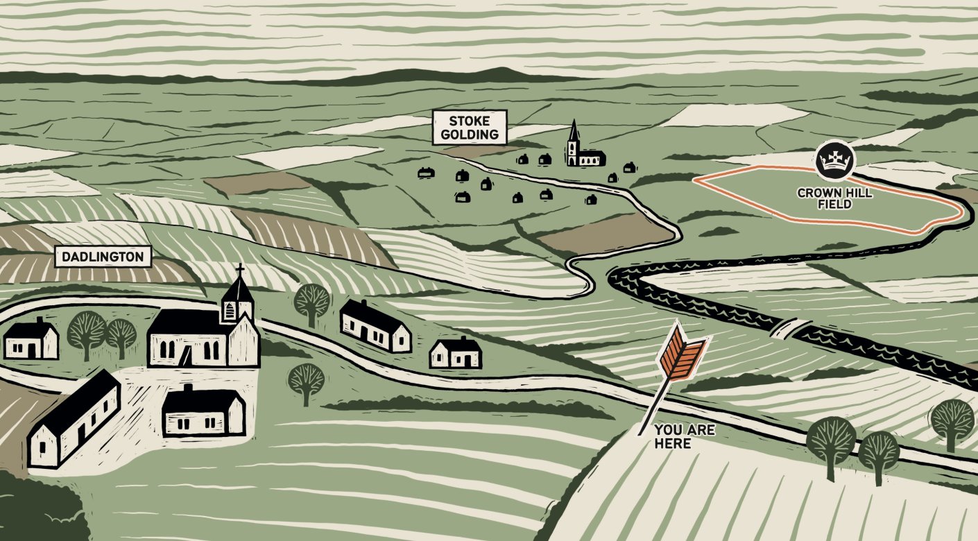 Linocut illustration of village landscape