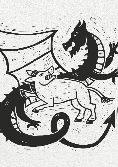 Linocut illustration of a boar fighting a dragon