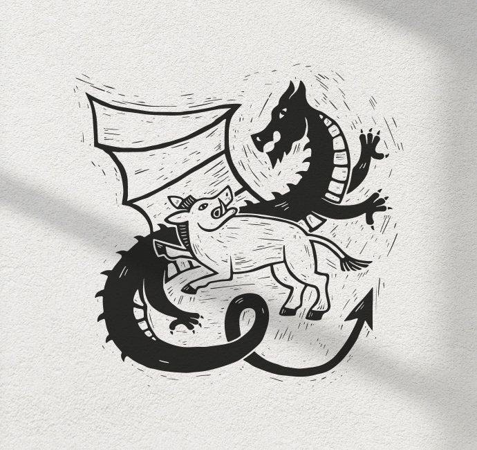 linocut illustration of a boar fighting a dragon