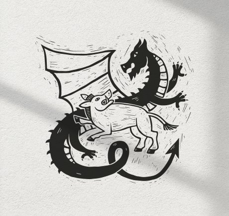 linocut illustration of a boar fighting a dragon
