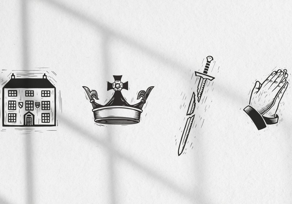 linocut illustrations of a house, crown, sword and praying hands