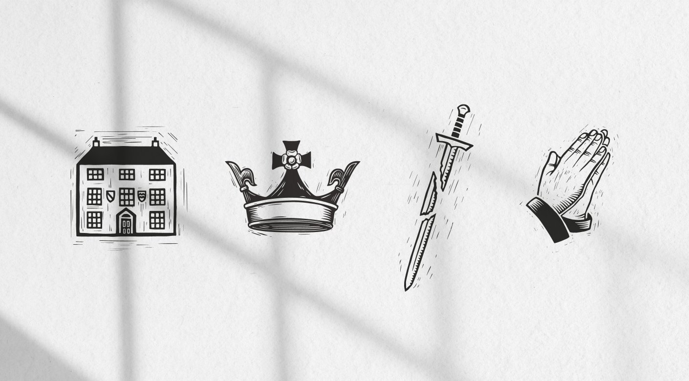 linocut illustrations of a house, crown, sword and praying hands