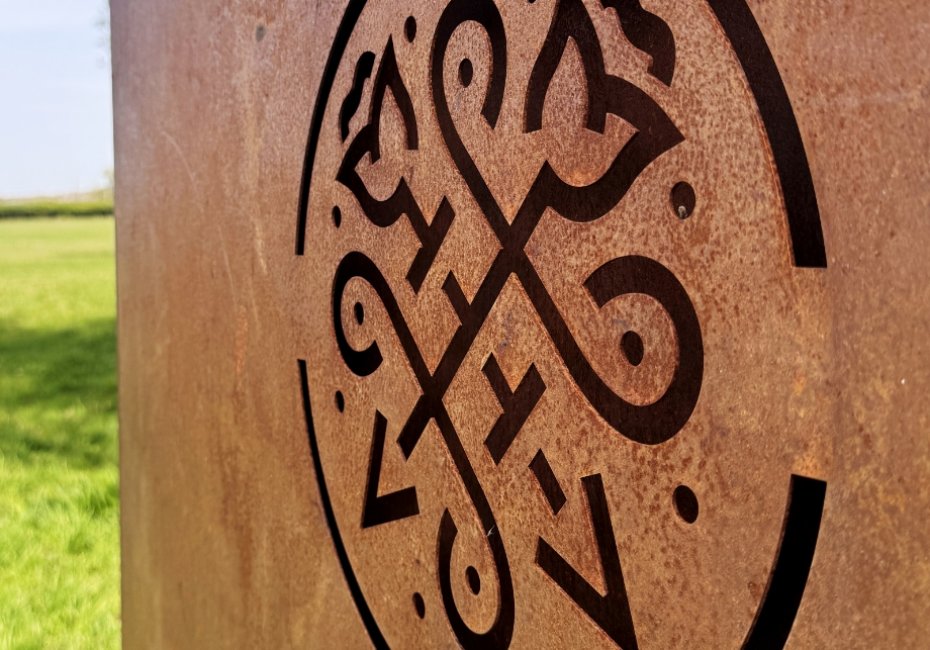 Bosworth 1485 Trail logo design laser cut into rusted steel