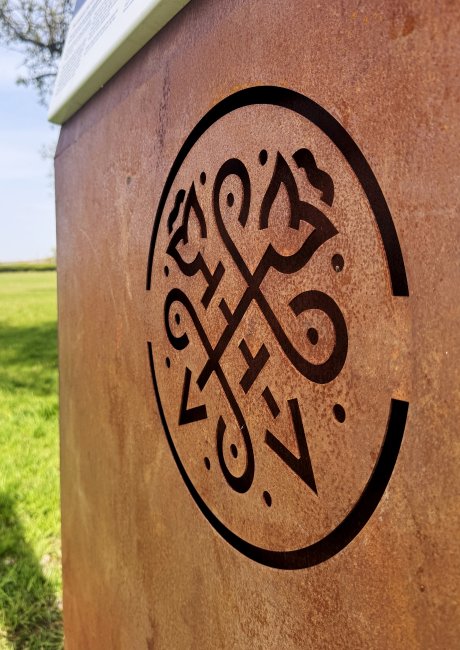 Bosworth 1485 Trail logo design laser cut into rusted steel