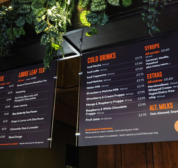 Chester Zoo cafe restaurant hanging menu sign display design by Root Studio