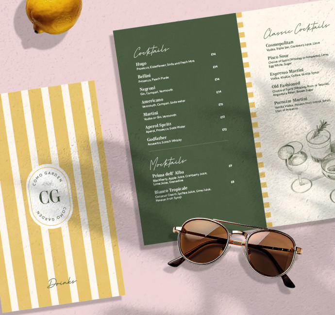 Como Garden London cocktail menu design
