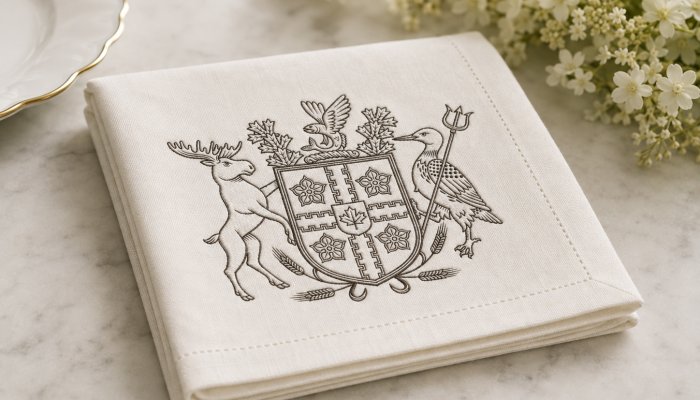 Family crest style logo design embroidered on a napkin