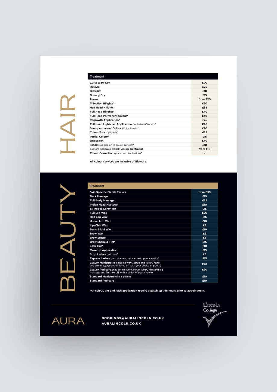 AURA Hair & Beauty price list design by Root Studio