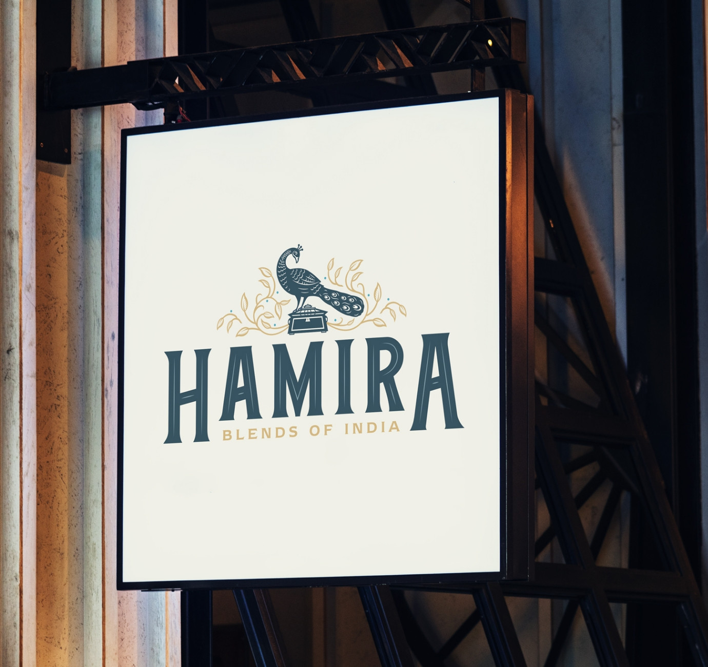 Hamira indian tearoom sign design with peacock by Root Studio