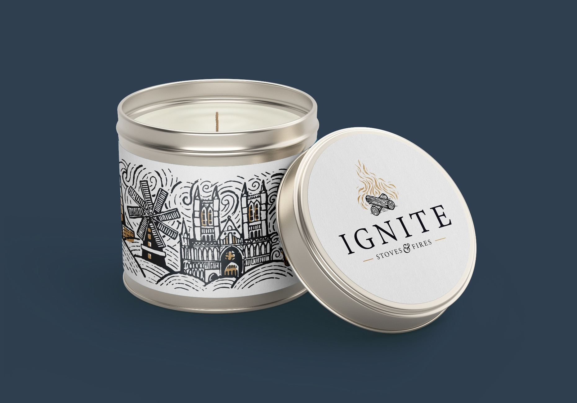 Ignite Stoves candle tin packaging design by Root Studio