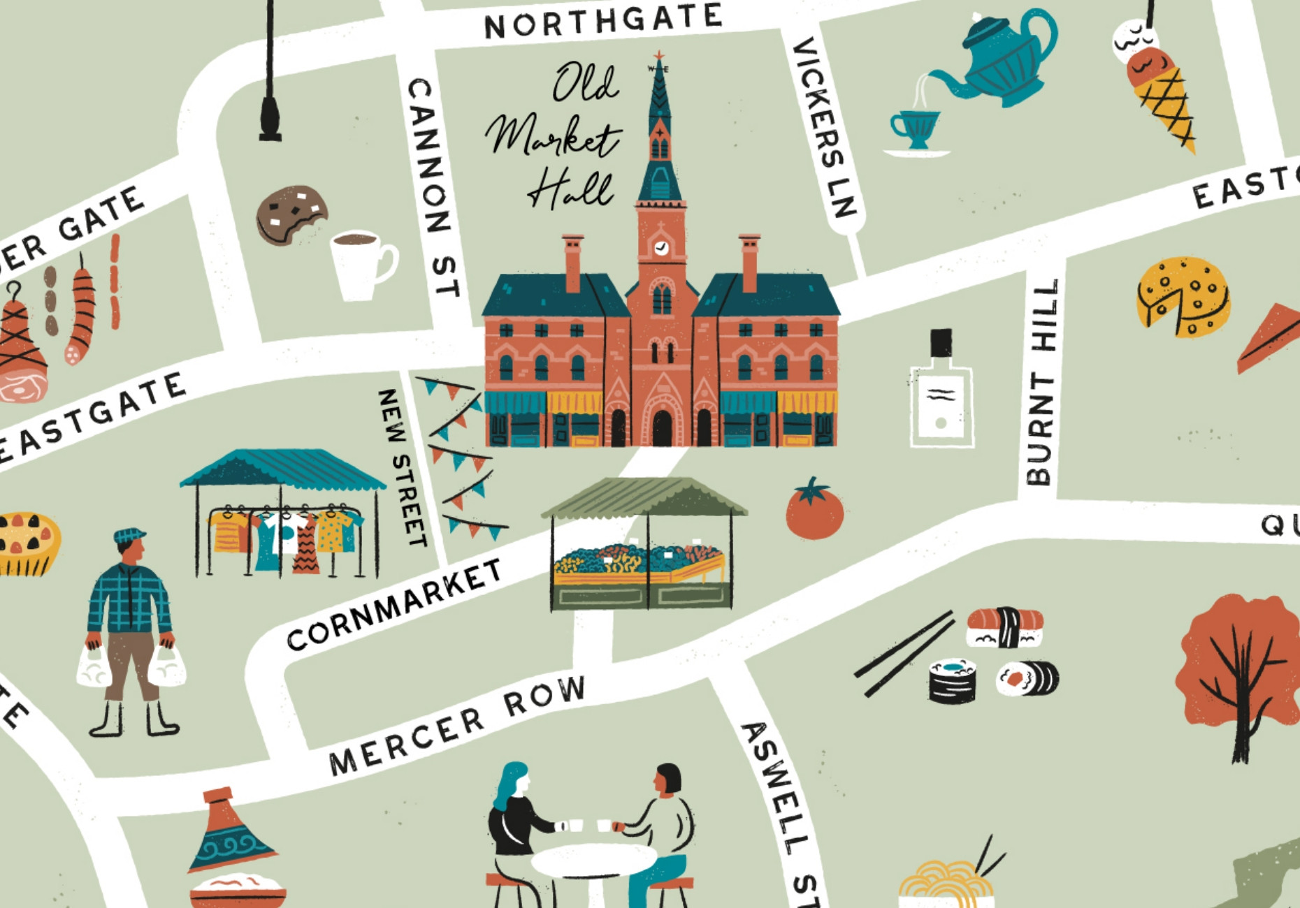 Town food trail map illustration