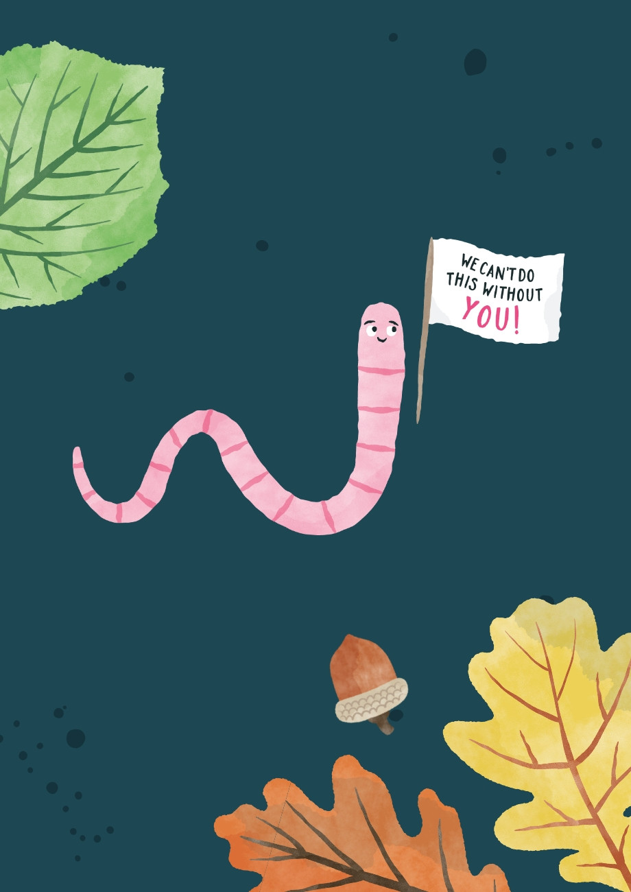 Illustrated worm and autumn leaves design by Root Studio