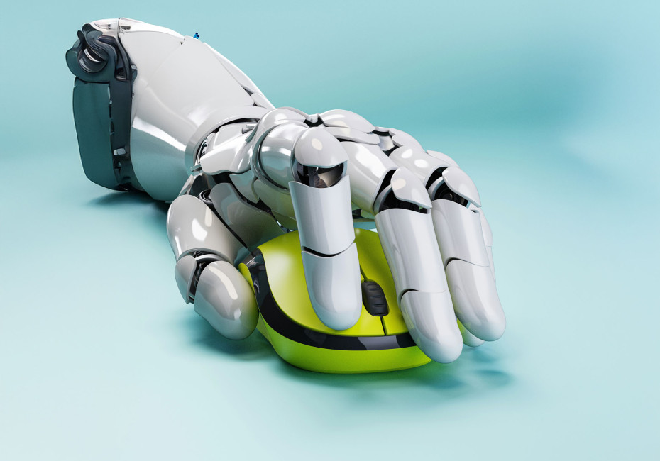 Robot hand holding a computer mouse