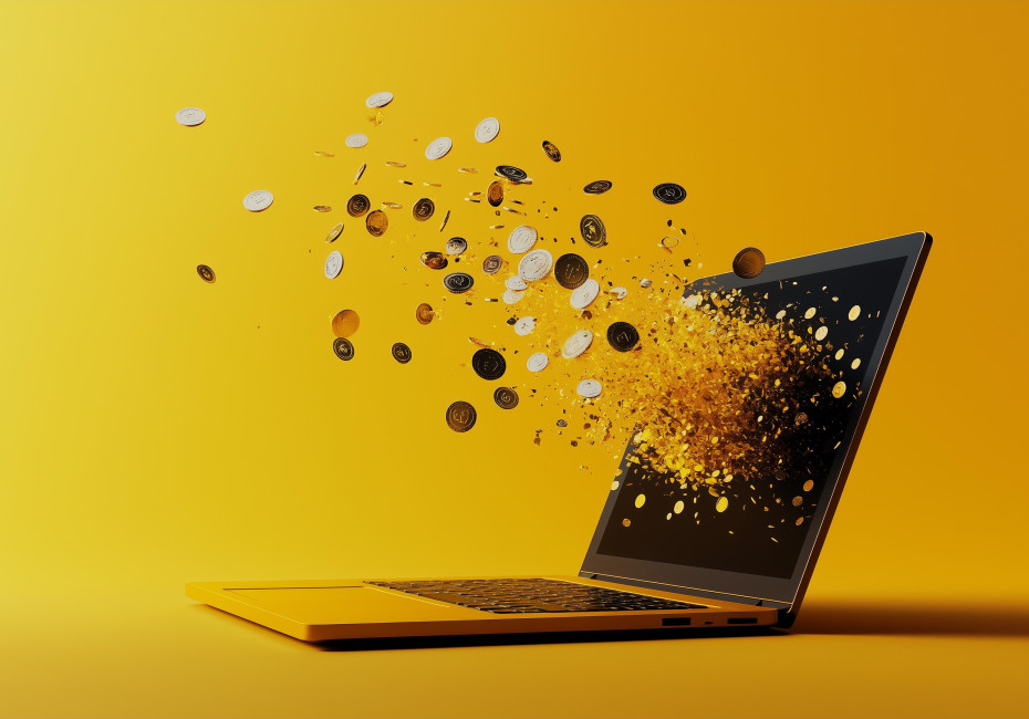 Laptop screen exploding with coins
