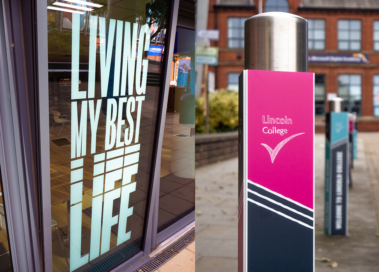 Lincoln College window graphic design and bollard cover living my best life