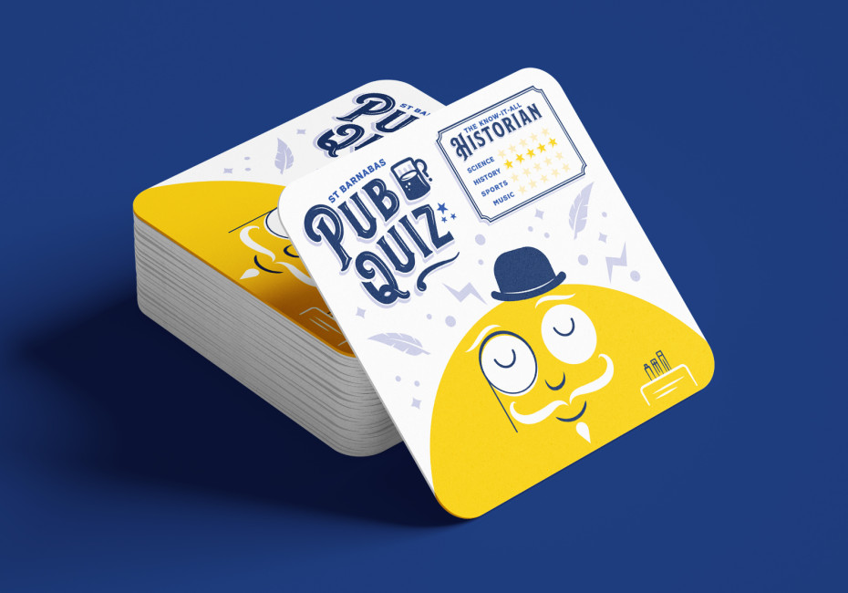 StBarnabas Hospice Pub Quiz Illustrated Coaster Design by Root Studio