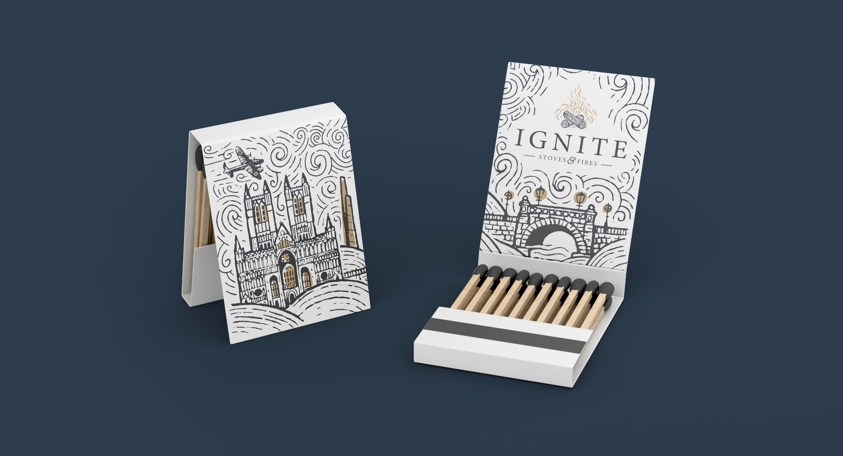 Linocut illustration of Lincoln matchbook matchbox design by Root Studio