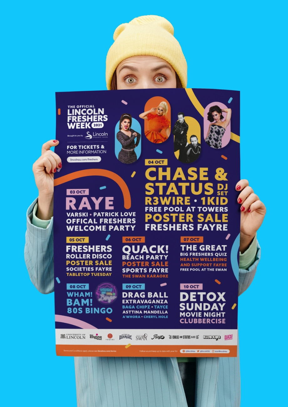 Lincoln Student Union freshers week poster design by Root Studio