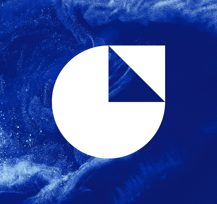 Minimalist company logo design featuring white geometric label icon on a dramatic sea blue background