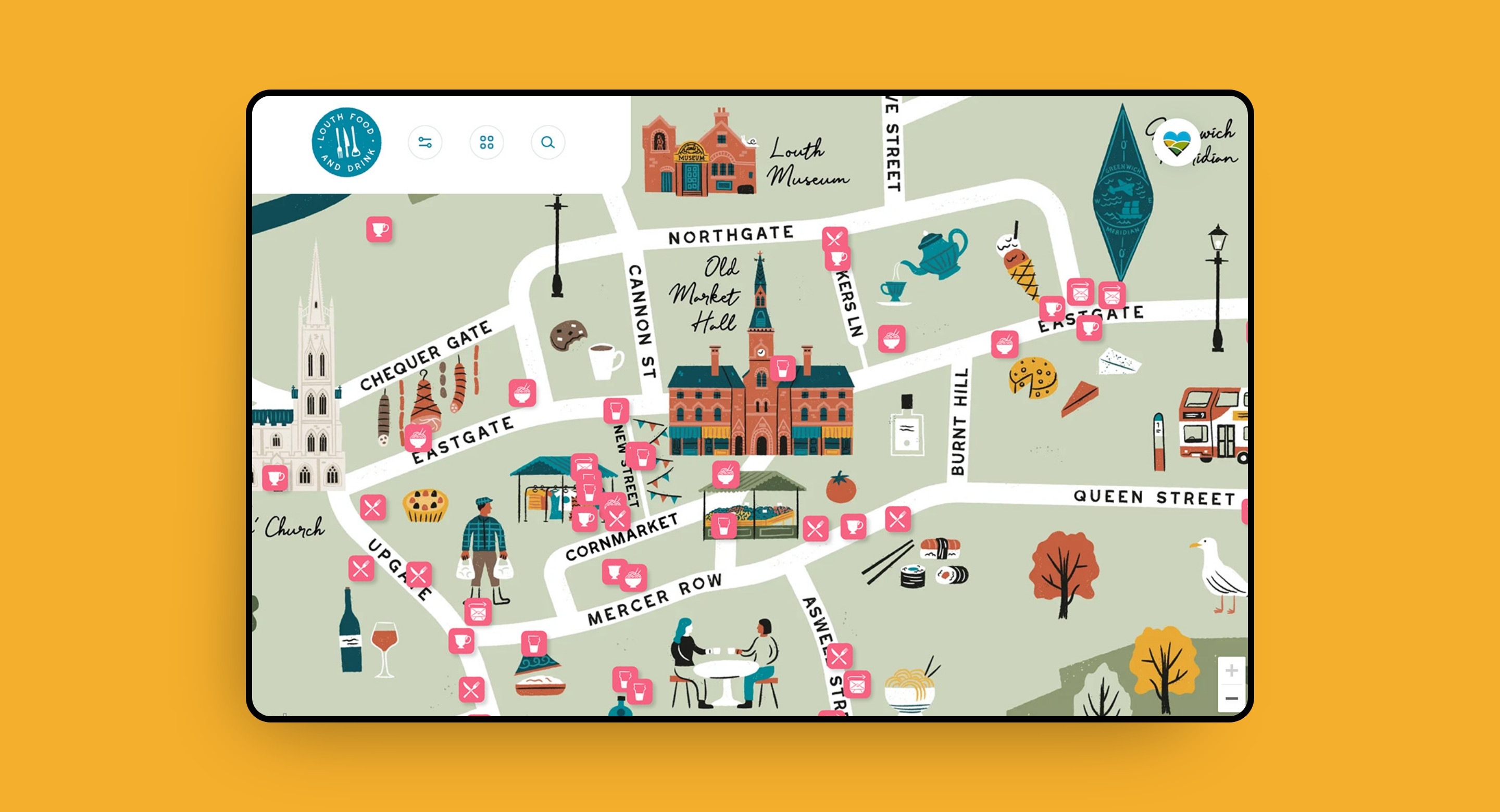 Illustrated interactive town map design by Root Studio Lincoln
