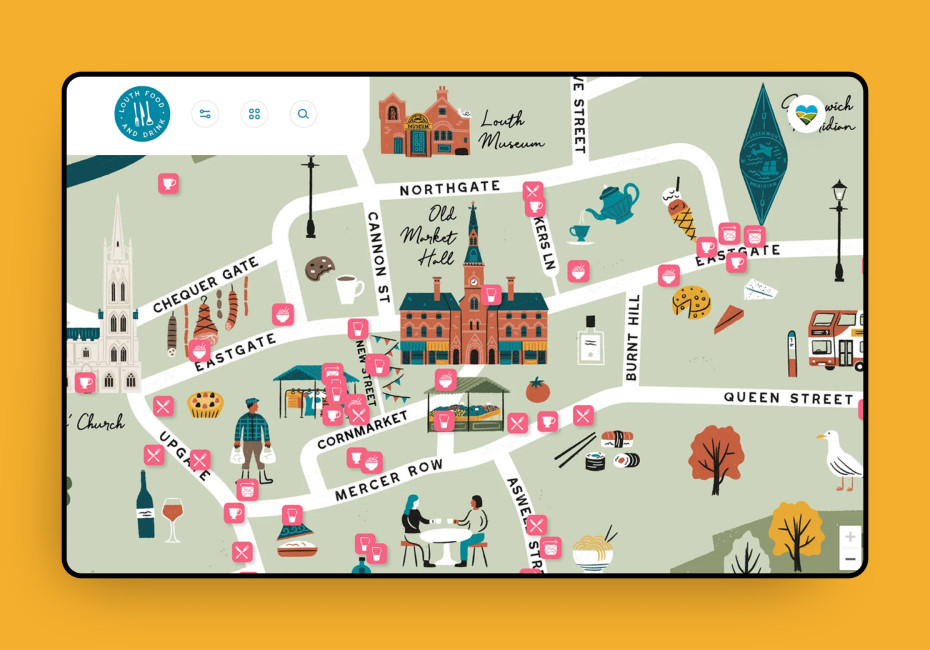 Louth Food & Drink Trail interactive map app design by root studio lincoln