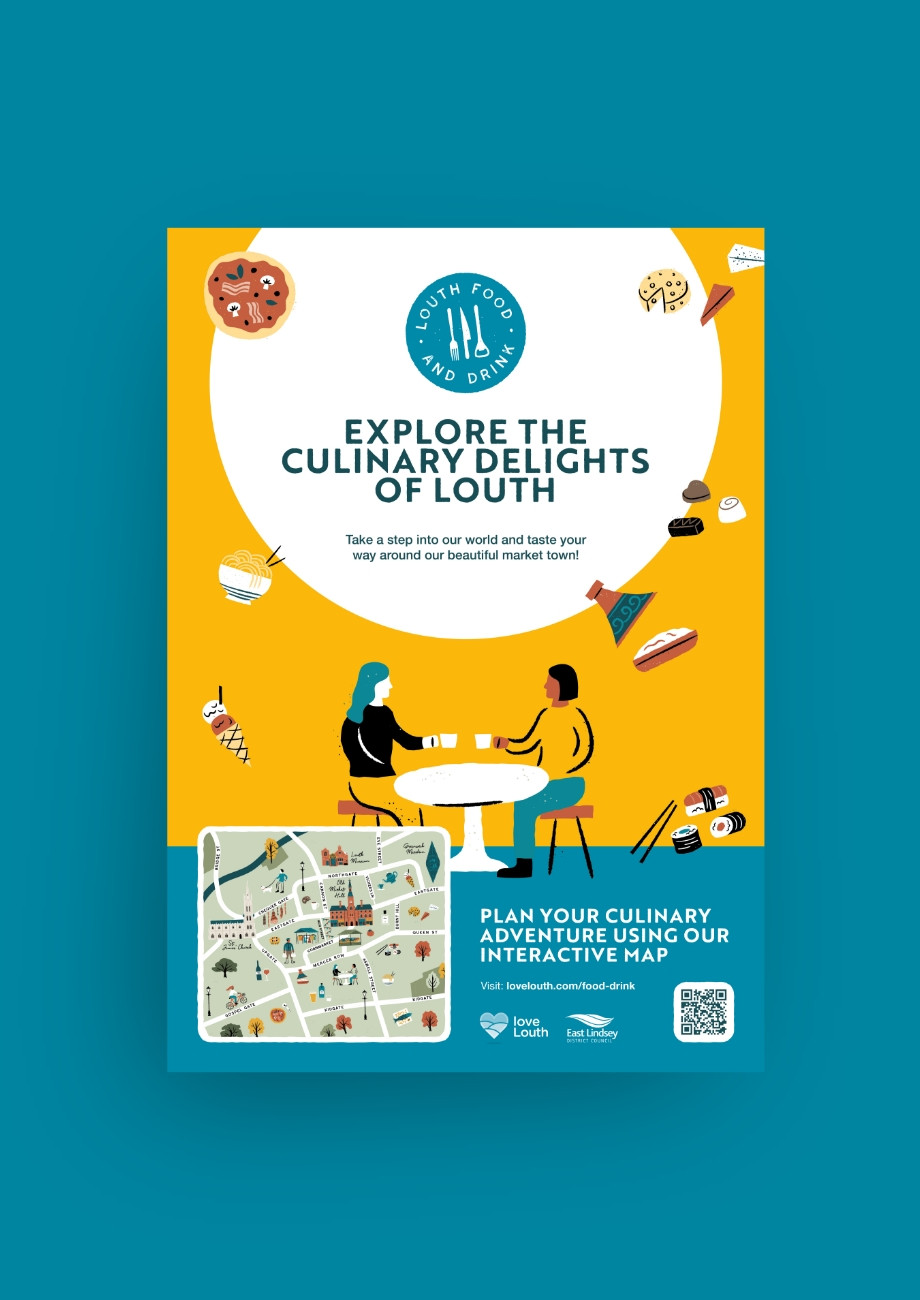 Louth food and drink trail marketing poster featuring illustrated characters