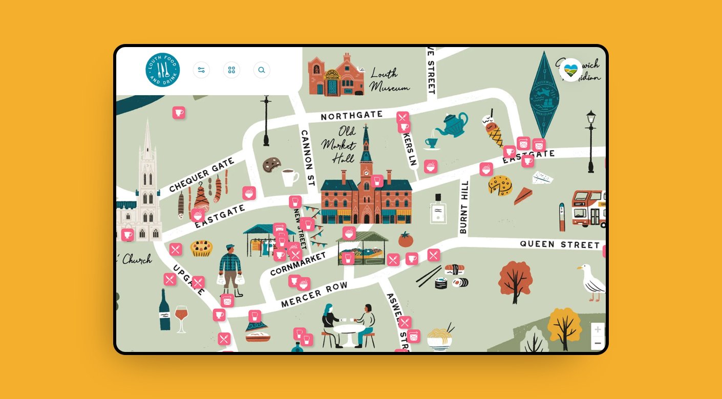 Illustrated interactive town map design by Root Studio Lincoln