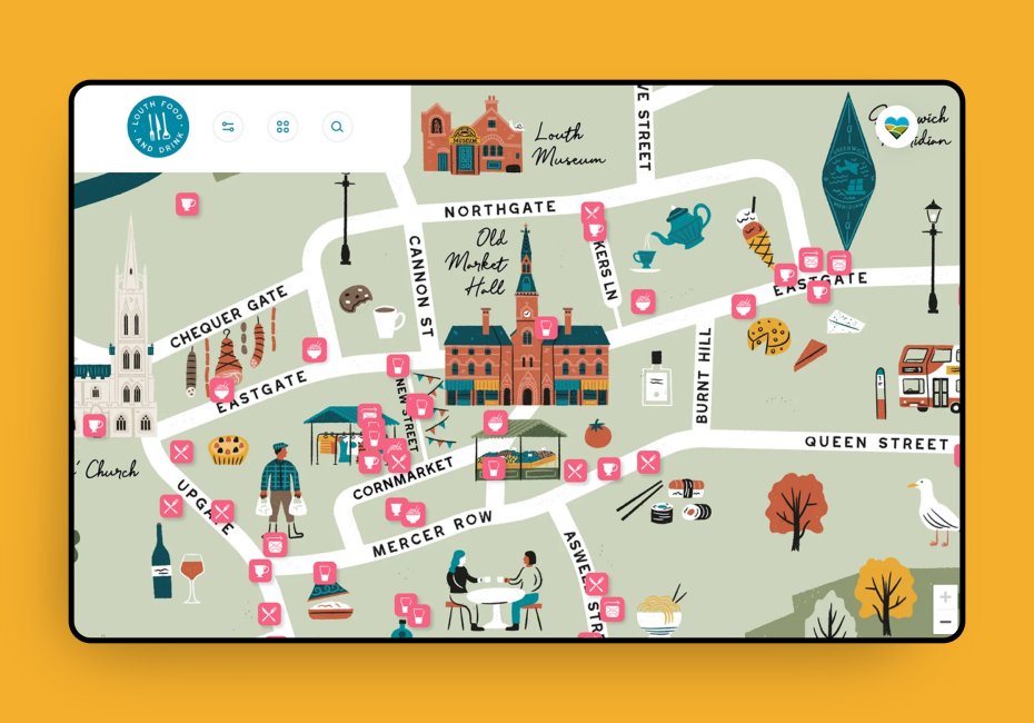 Louth Food & Drink Trail interactive map app design by root studio lincoln