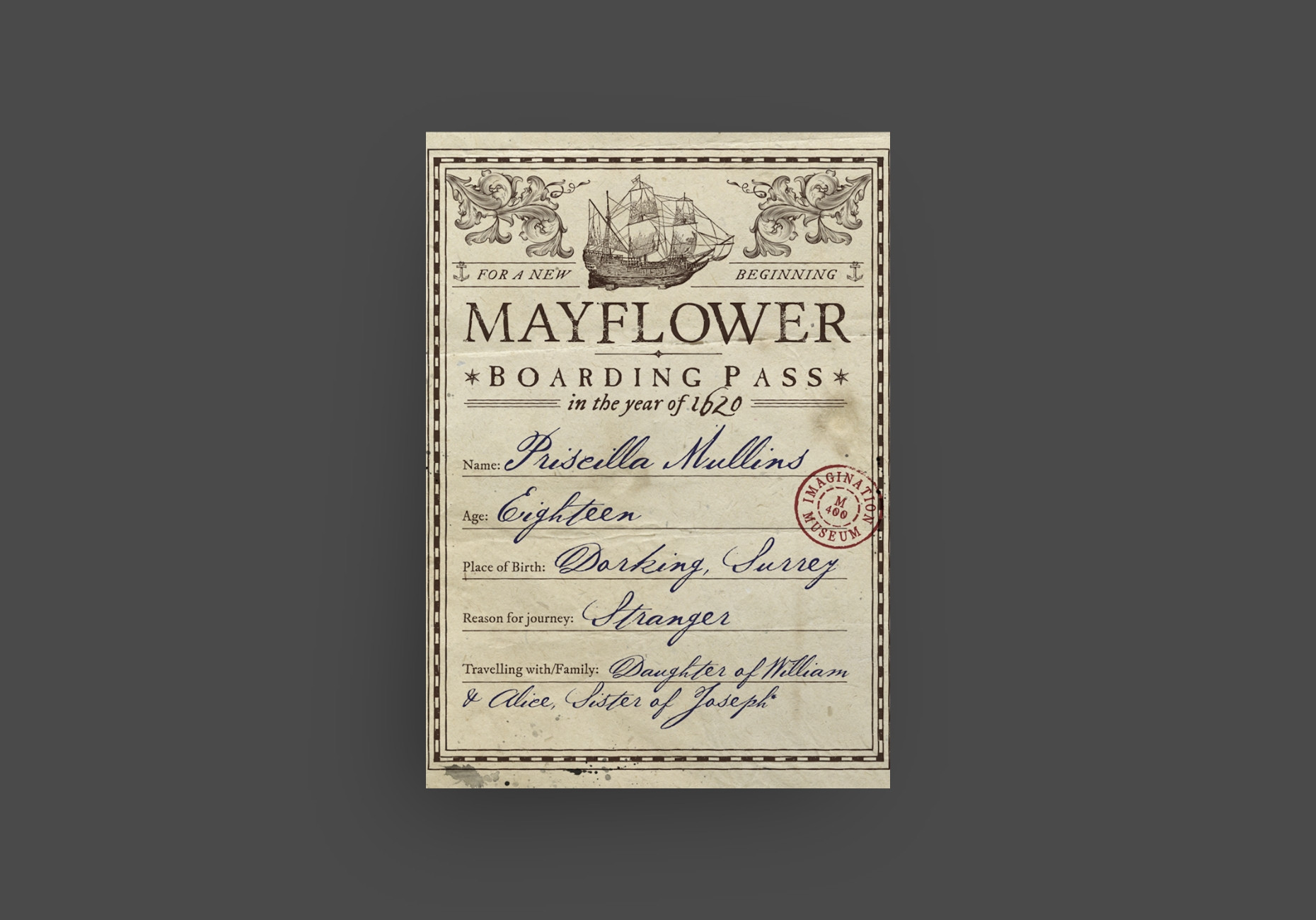 Mayflower boarding pass design for Imagination Museum by Root Studio