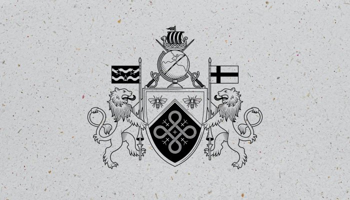 Family Crest design with lion, bees and ship