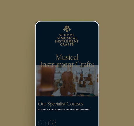 School of musical instrument crafts Newark logo and website design by Root Studio