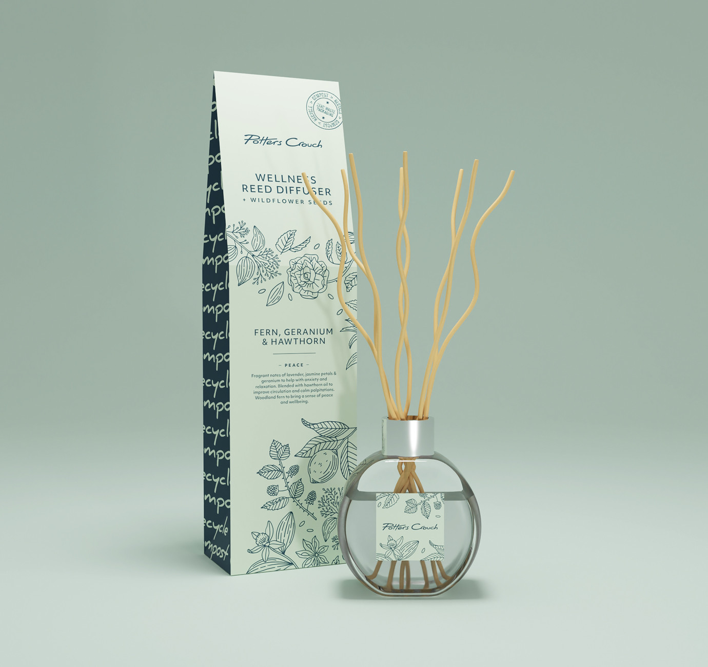 Potters Crouch reed diffuser packaging design by Root Studio